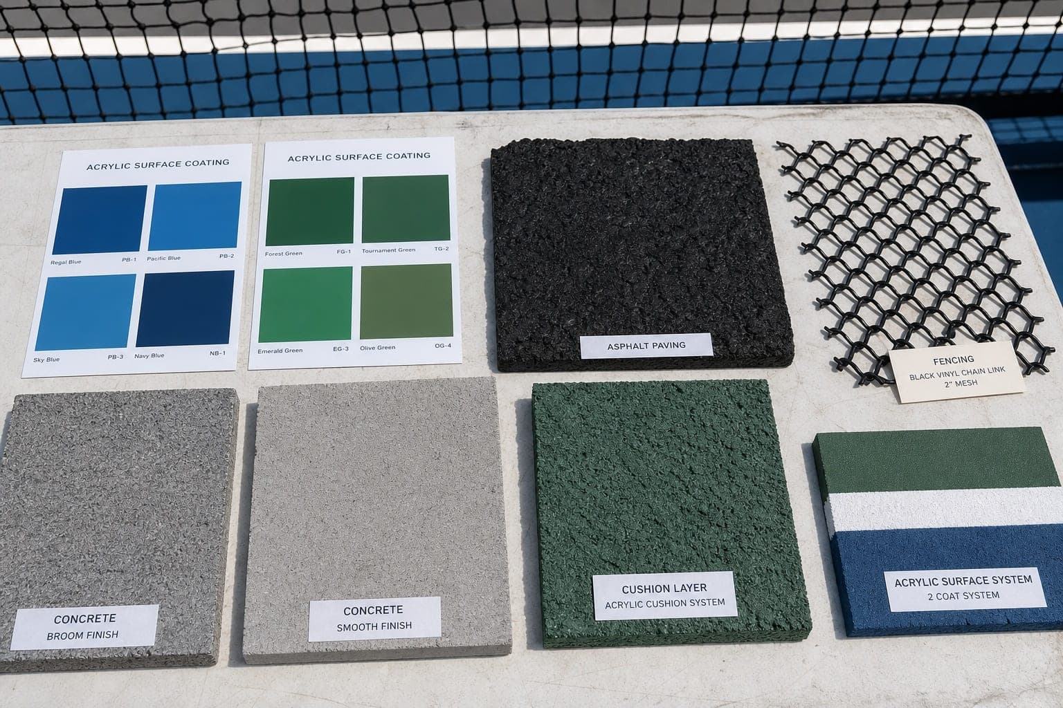 Court foundation, surface, fencing, and color samples arranged for comparison