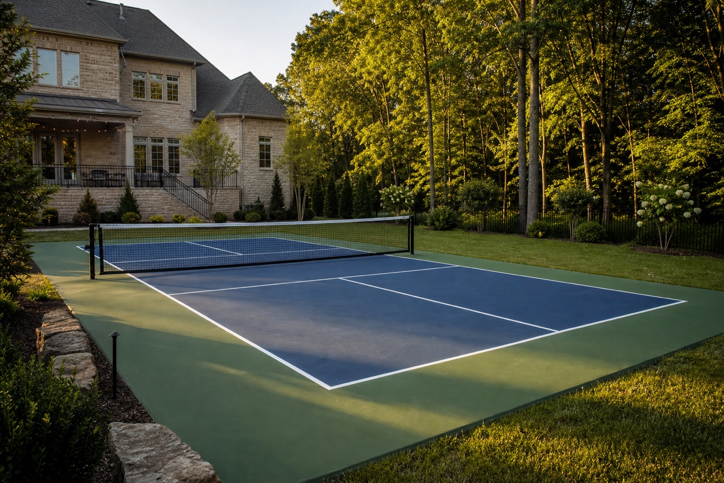 Finished backyard pickleball court integrated into landscaping beside a home