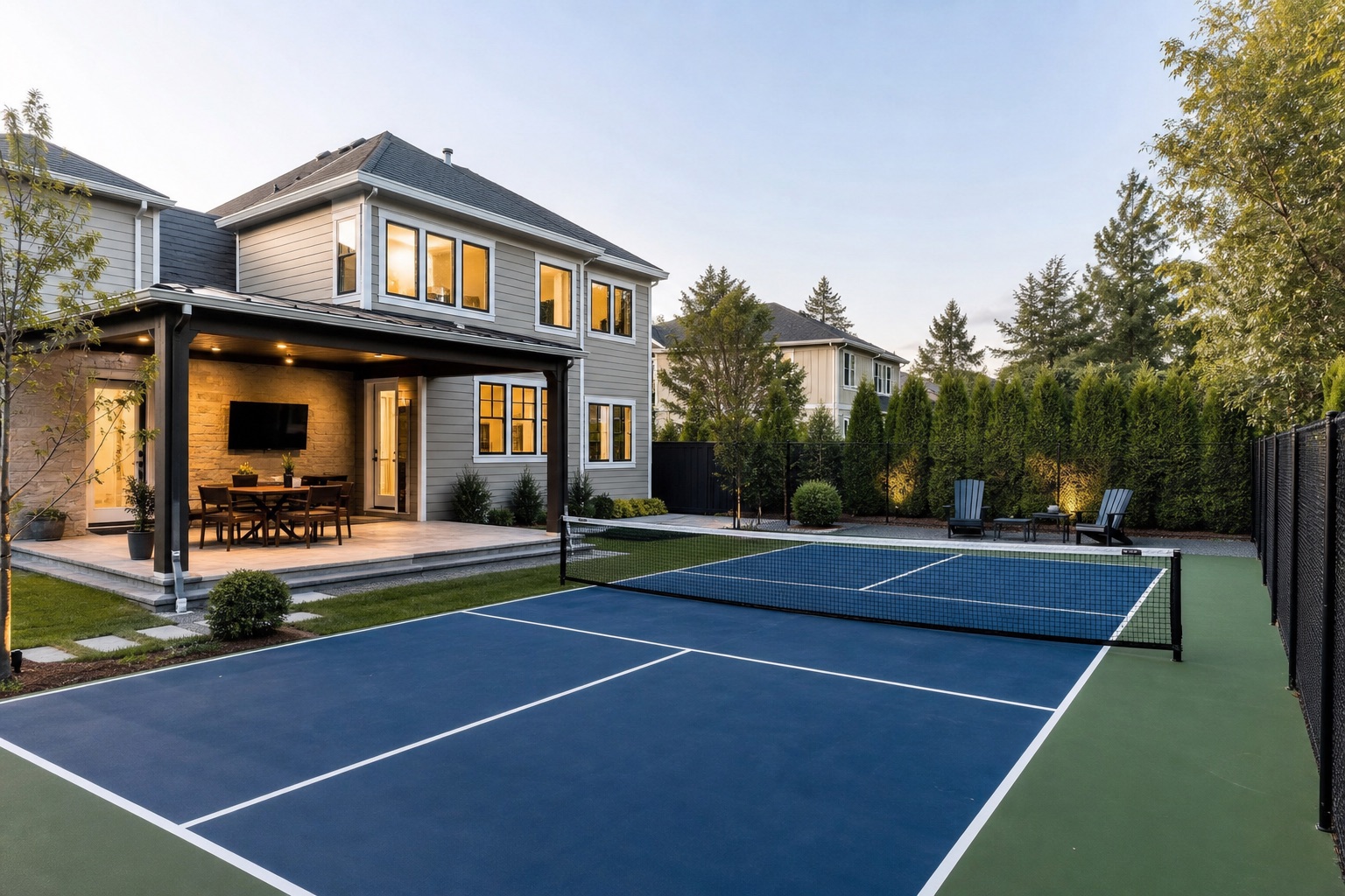 Finished blue and green backyard pickleball court