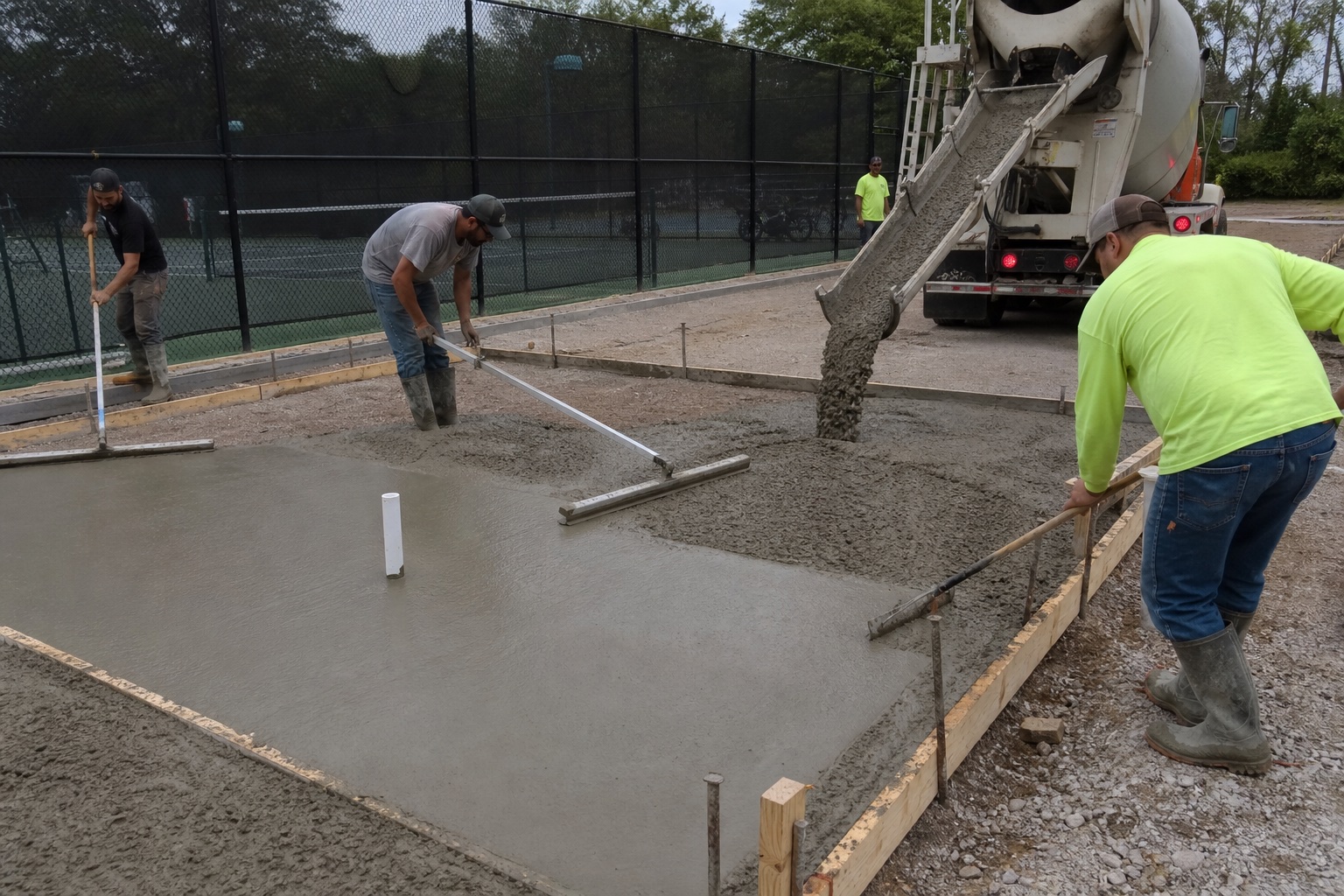 Crew placing and finishing a concrete court foundation