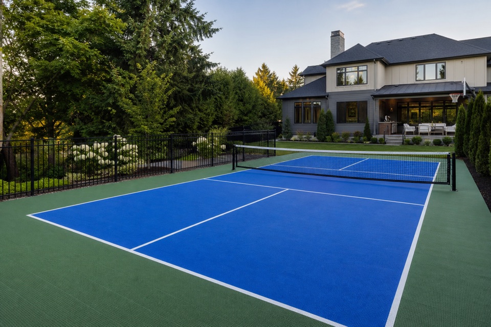 Finished backyard pickleball court with an acrylic cushioned playing surface