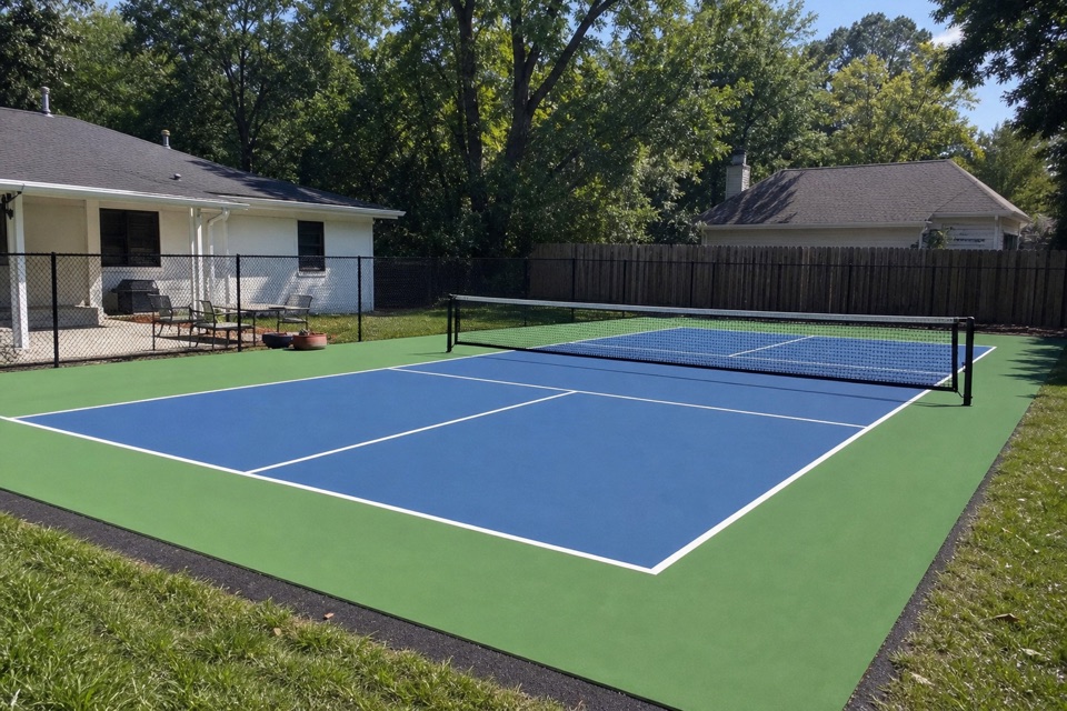 Finished backyard pickleball court on an asphalt foundation