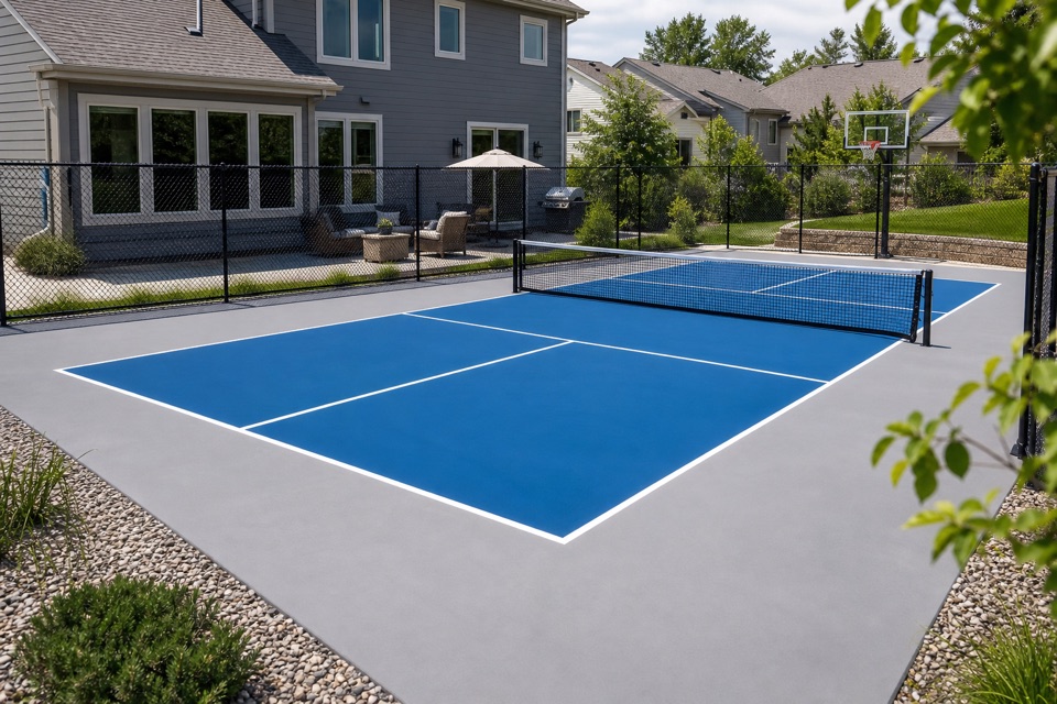 Finished backyard pickleball court on a concrete foundation
