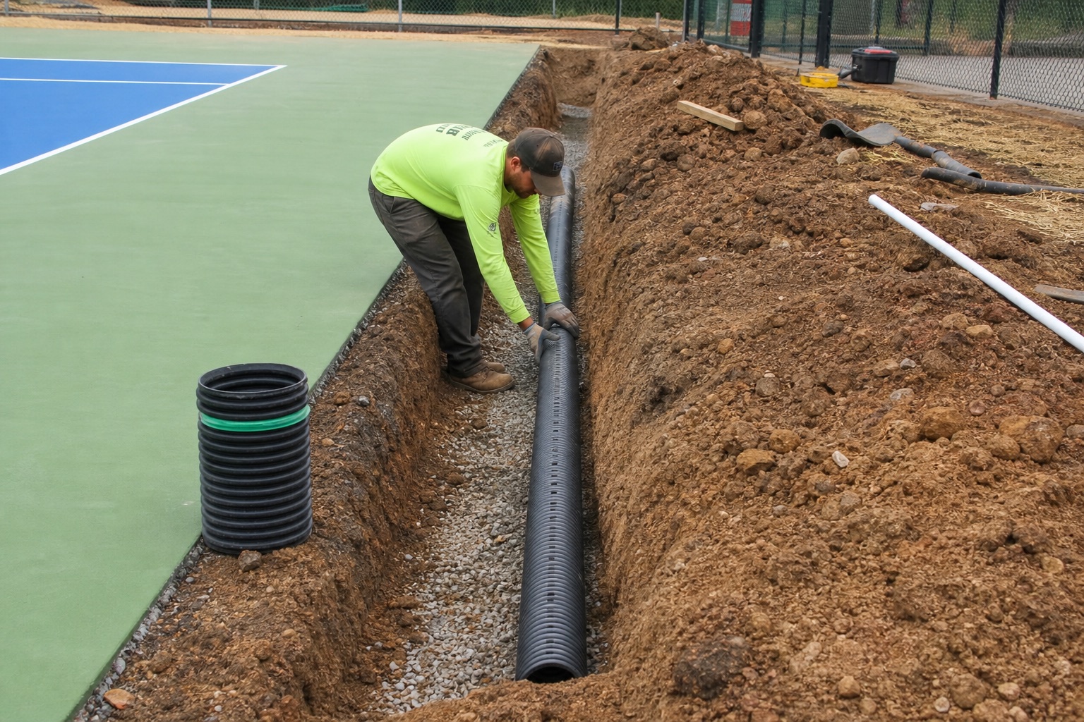 Drainage being installed beside a pickleball court