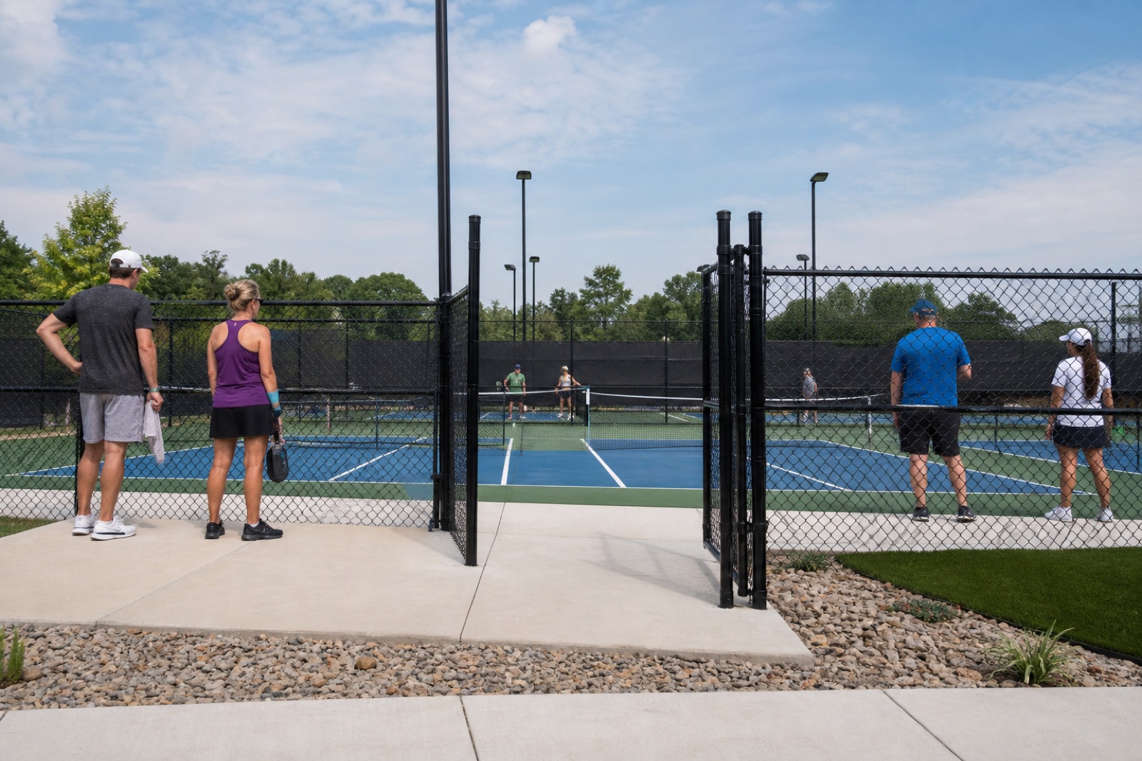 Open pickleball court gates with clear player circulation paths