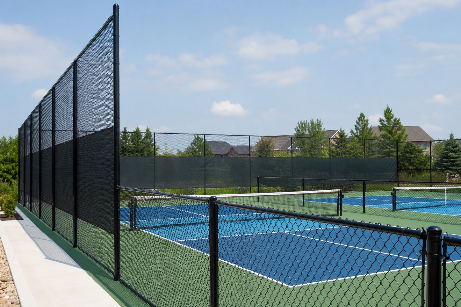 Pickleball court with tall backstop fencing and lower side fencing