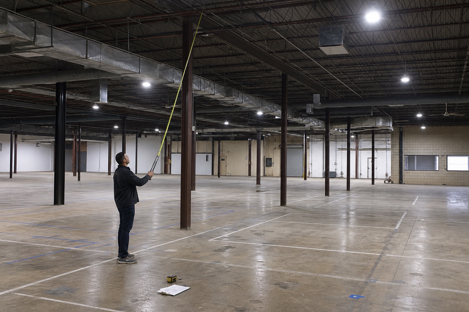 Building evaluator measuring clear height beneath ducts, lights, and roof structure in an empty indoor space
