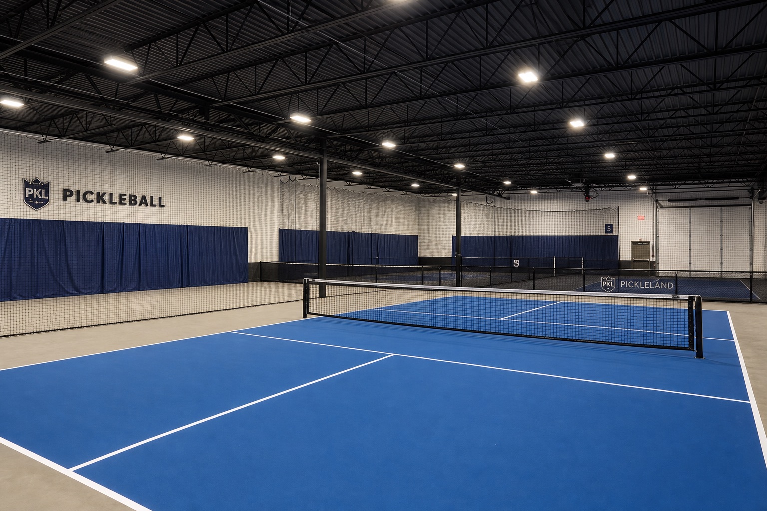 Indoor pickleball courts with overhead lighting