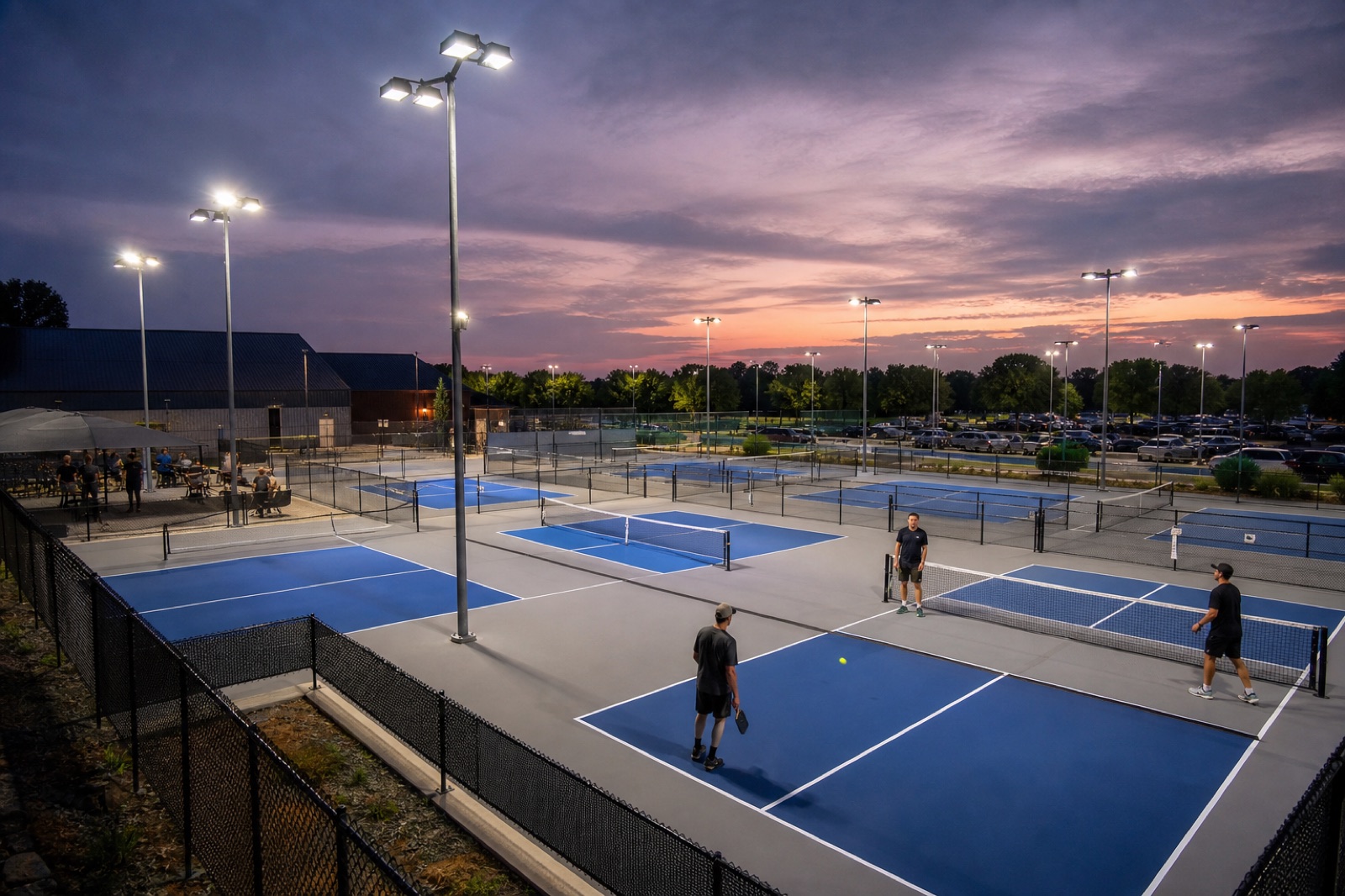 Multi-court pickleball facility with coordinated lighting