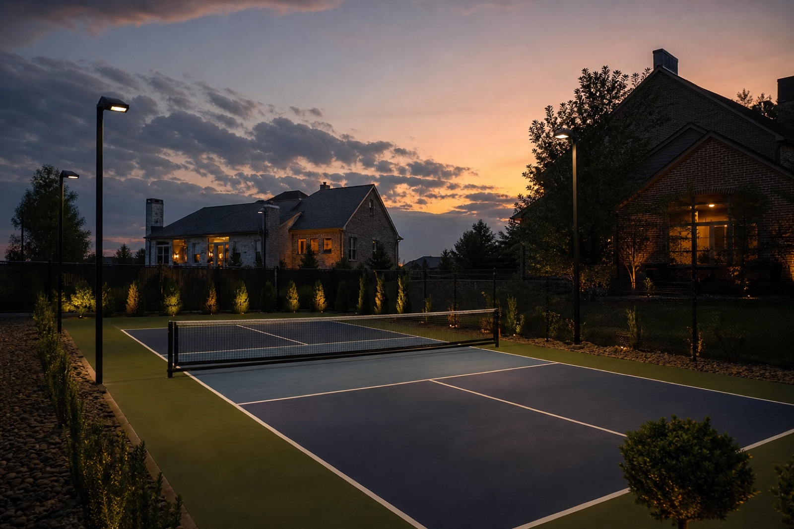 Residential pickleball court illuminated for evening play