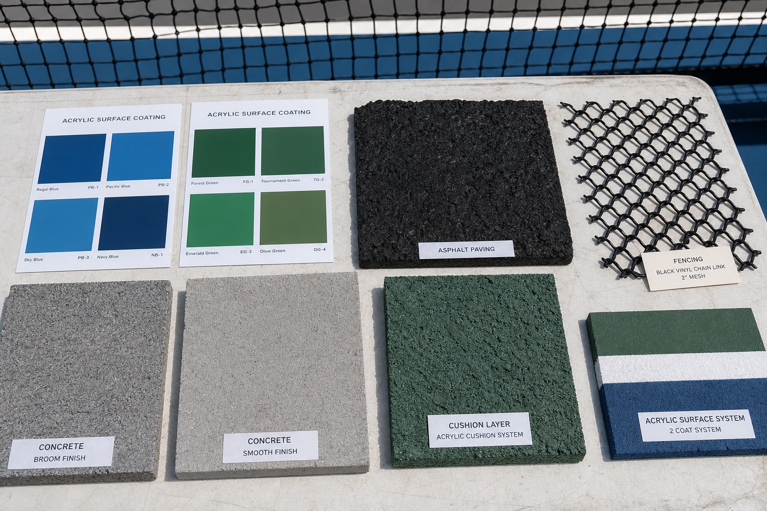 Samples of concrete, asphalt, acrylic court coating, cushion, and fencing materials