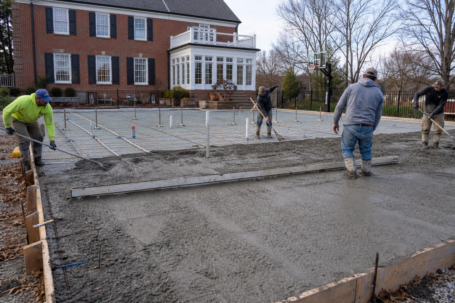 Post-tensioned concrete court foundation being poured
