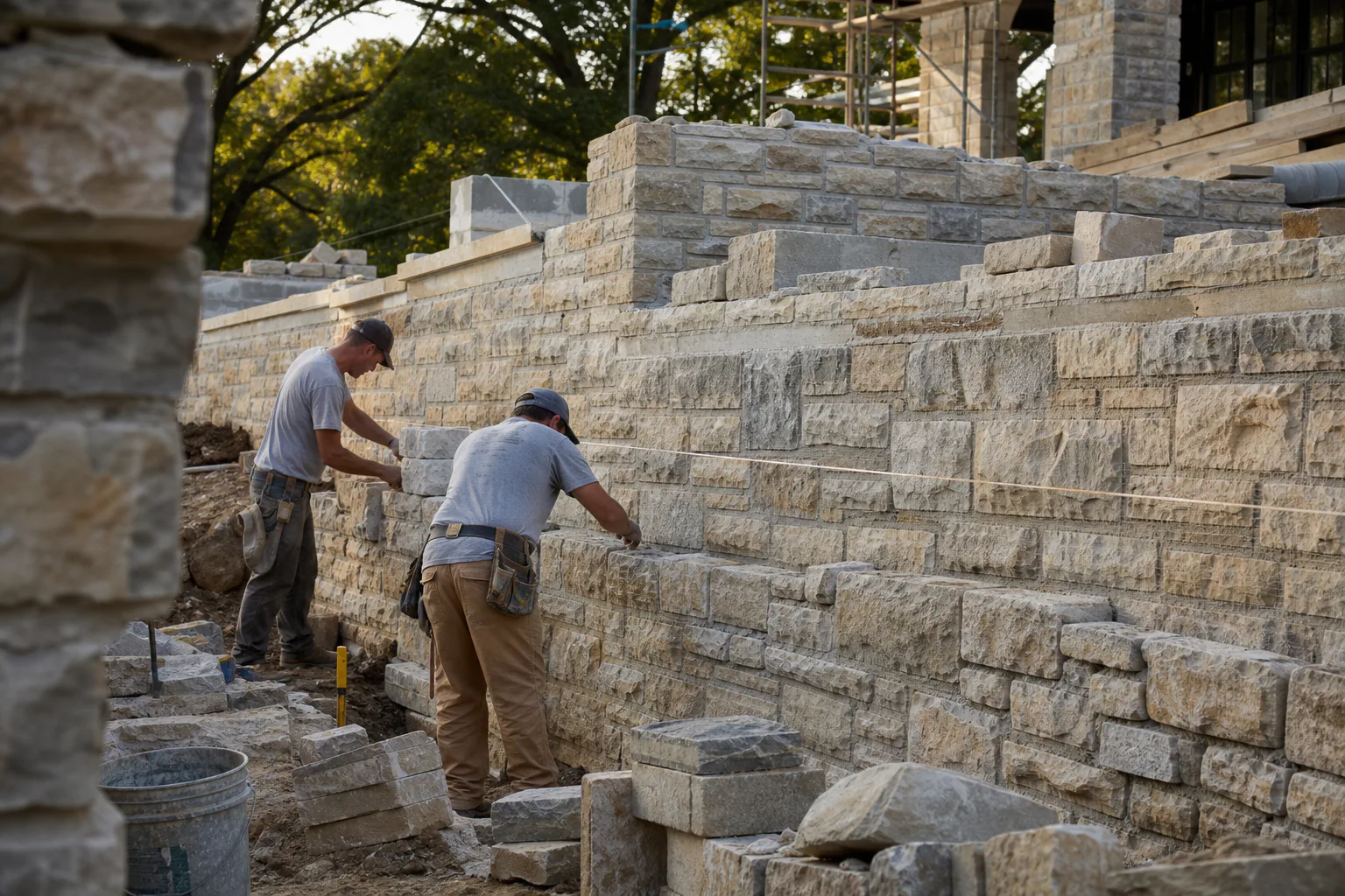 Limestone facing installation below the Anchorage court platform