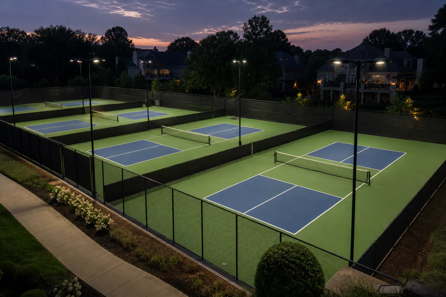 Six completed pickleball courts illuminated at dusk