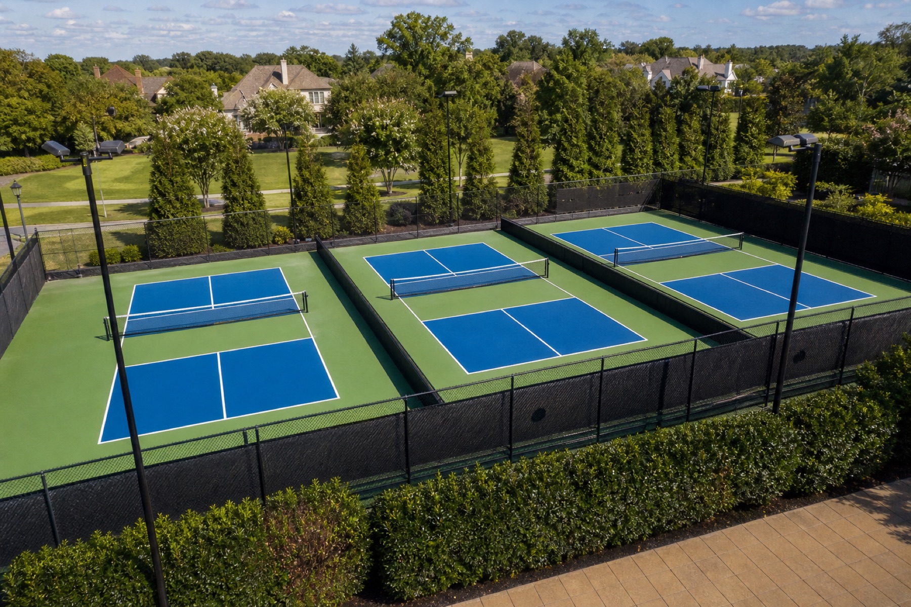 Six completed blue and green pickleball courts within a landscaped club property in Lexington
