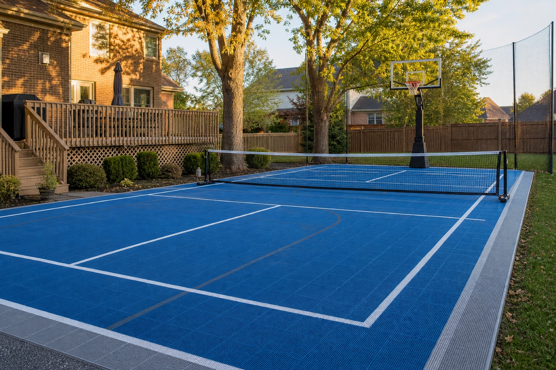 Completed blue backyard court striped for pickleball and basketball in Bowling Green
