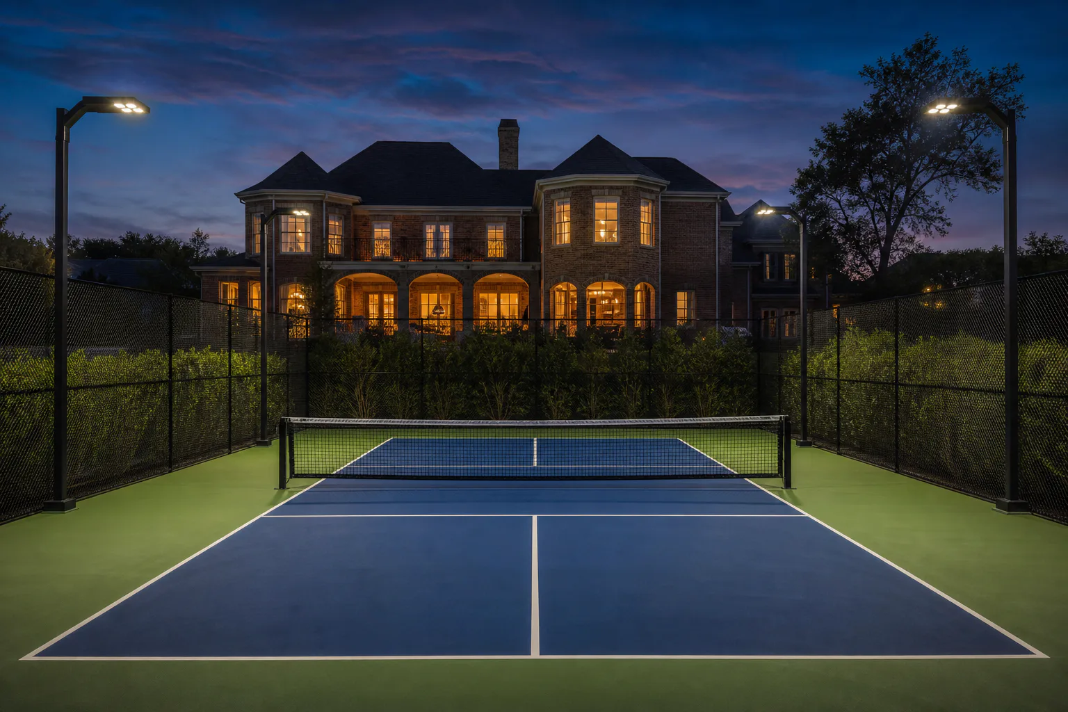 Completed Chevy Chase pickleball court illuminated at dusk