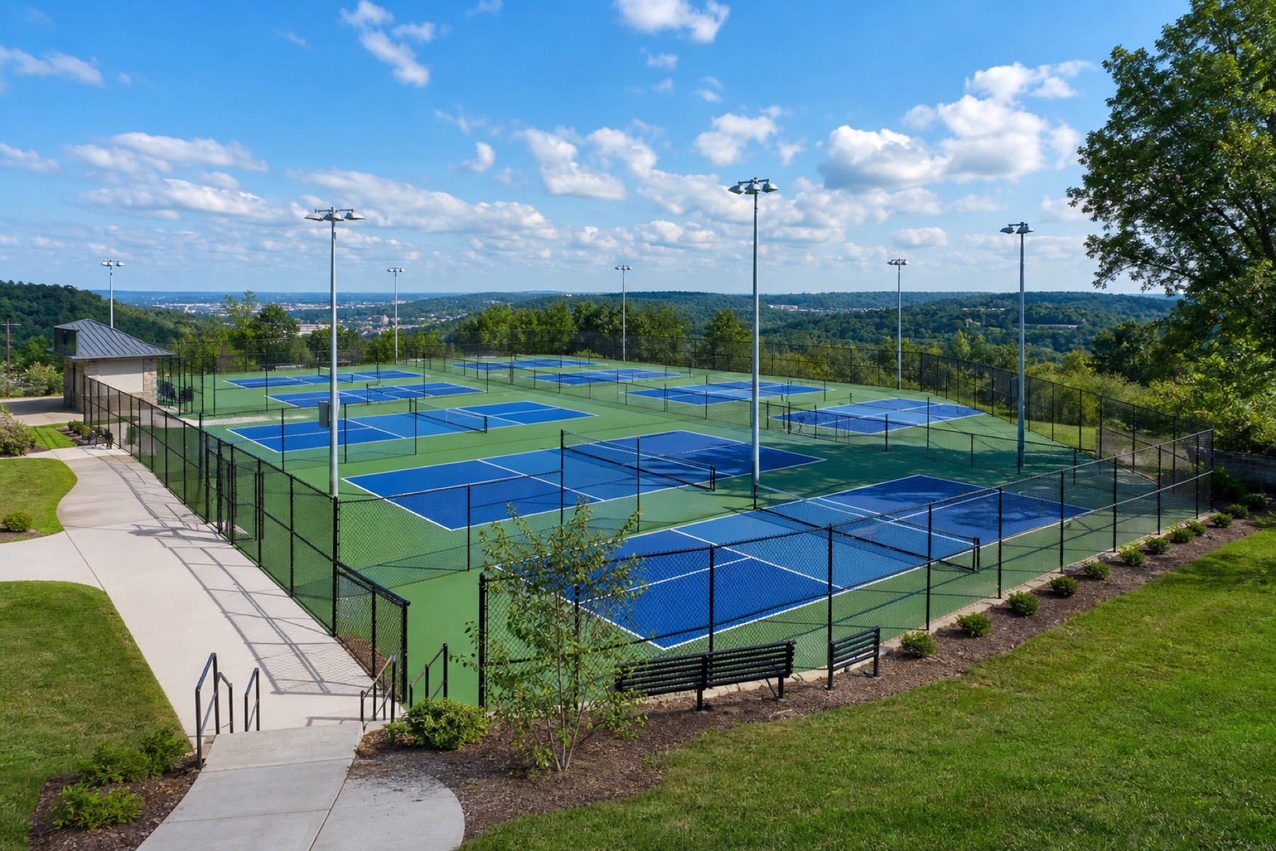 Eight completed public pickleball courts overlooking the Northern Kentucky hills at Devou Park