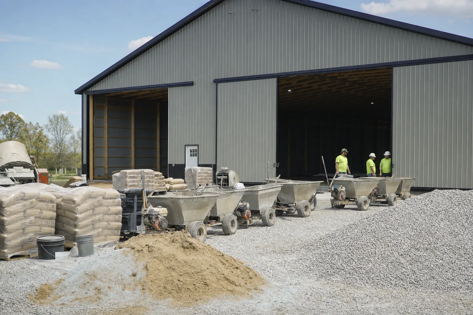 Compact concrete buggies staged for the Georgetown barn floor
