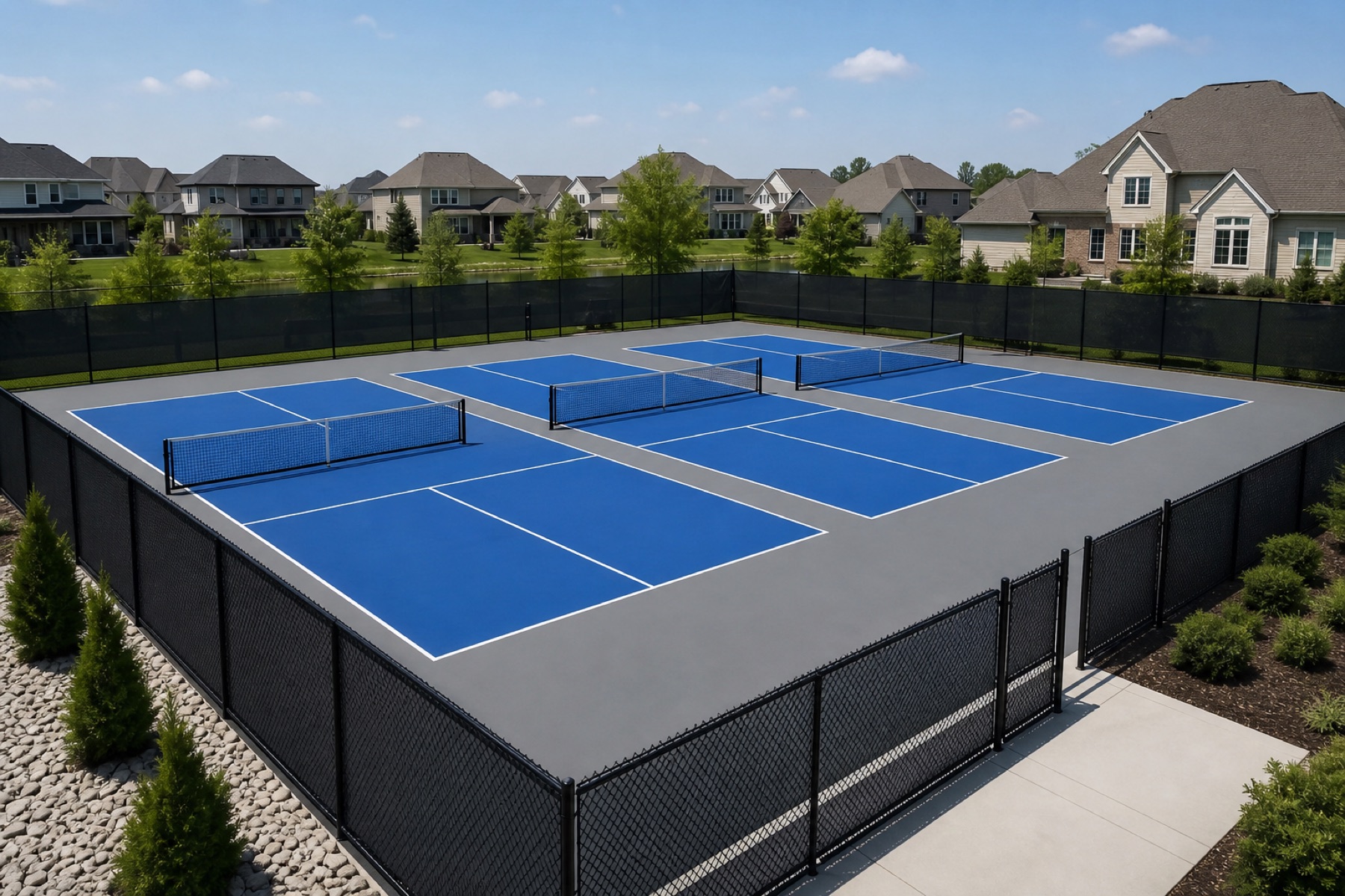 Three completed blue pickleball courts within a Lexington residential community