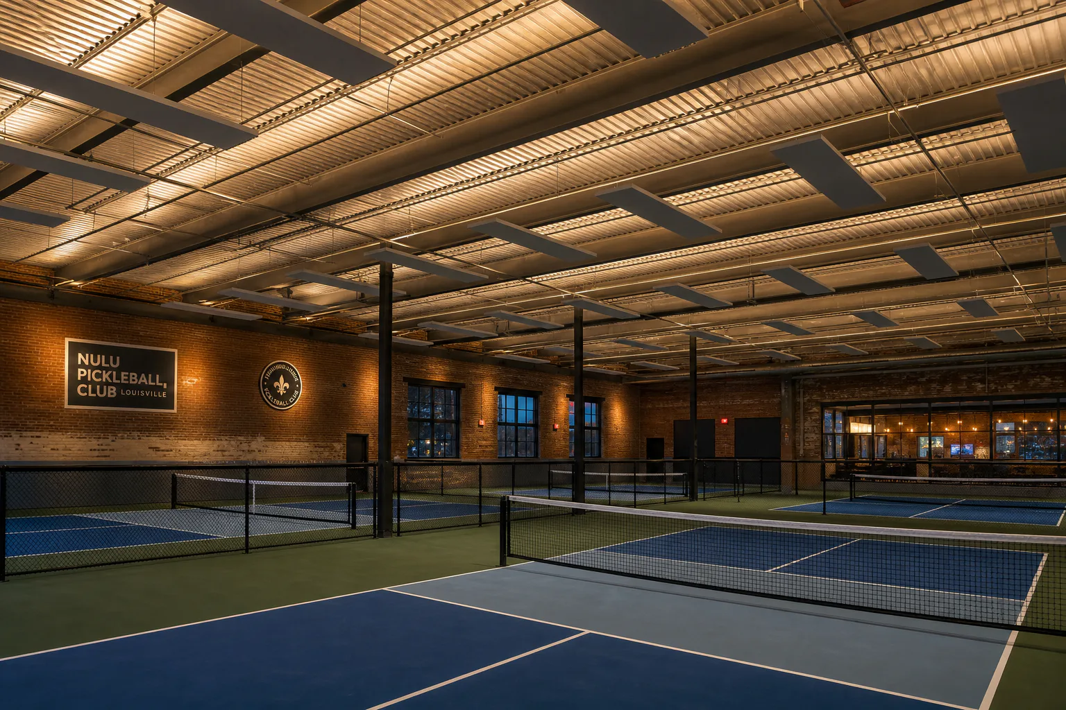 Indirect lighting and acoustic baffles above the completed indoor courts