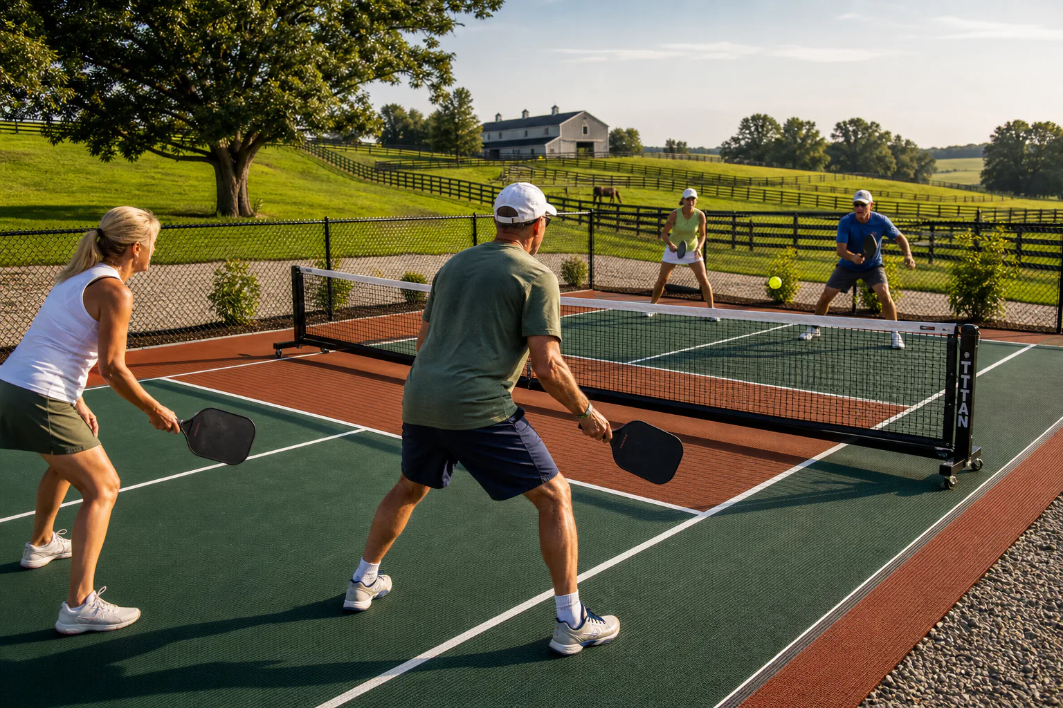 Players using the completed pickleball court on the Woodford County farm
