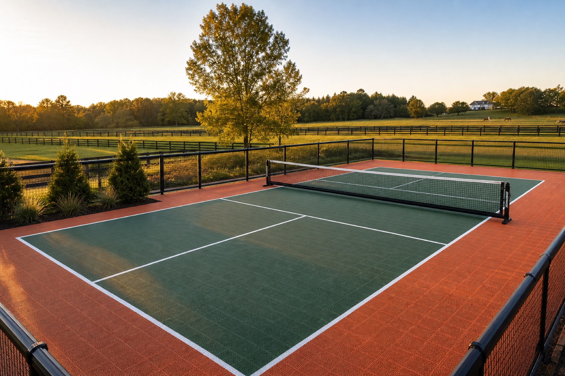 Completed green and terracotta pickleball court on a Woodford County horse farm