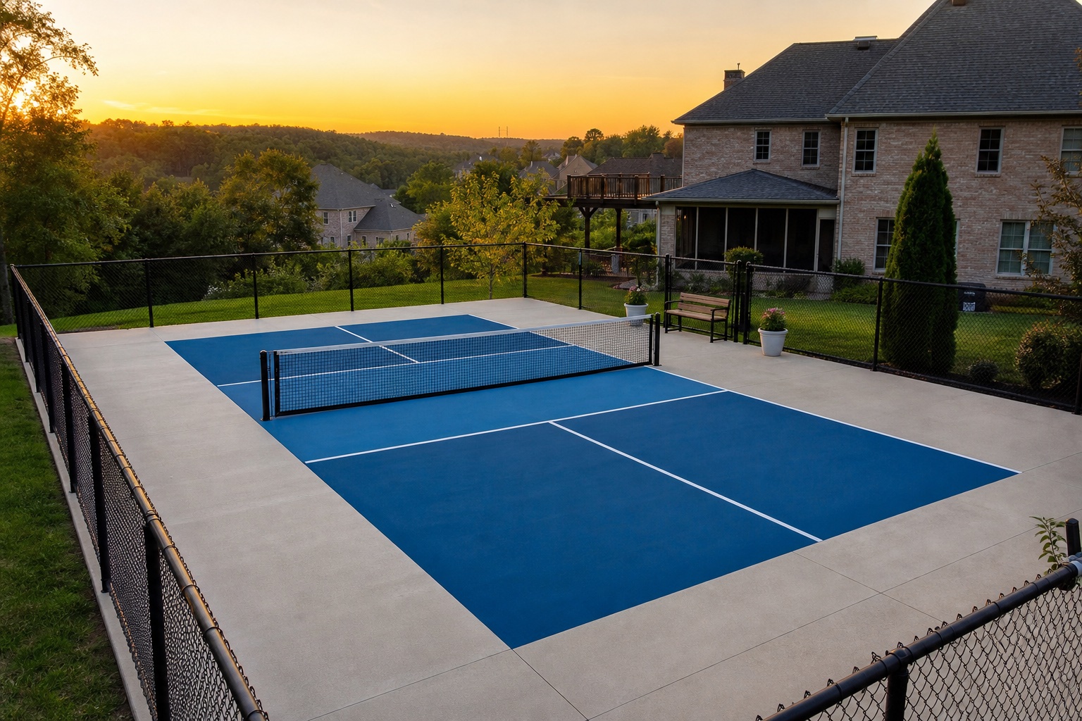 Completed blue and green pickleball court surrounded by Northern Kentucky hills