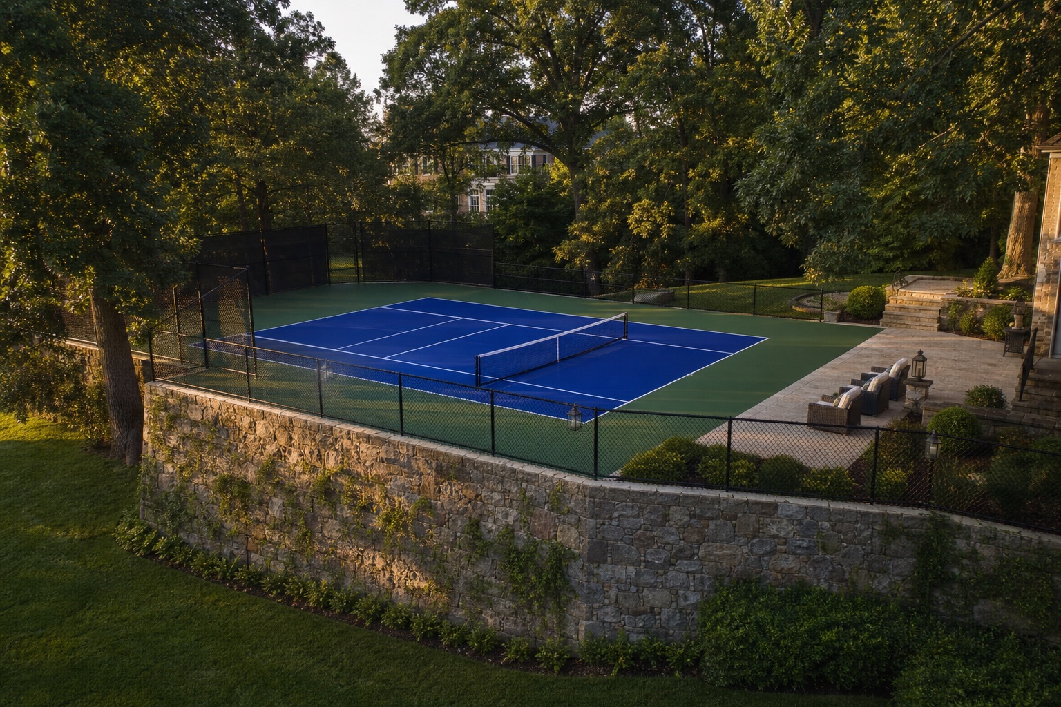 Finished blue and green pickleball court on a limestone-faced plateau among mature oak trees in Anchorage