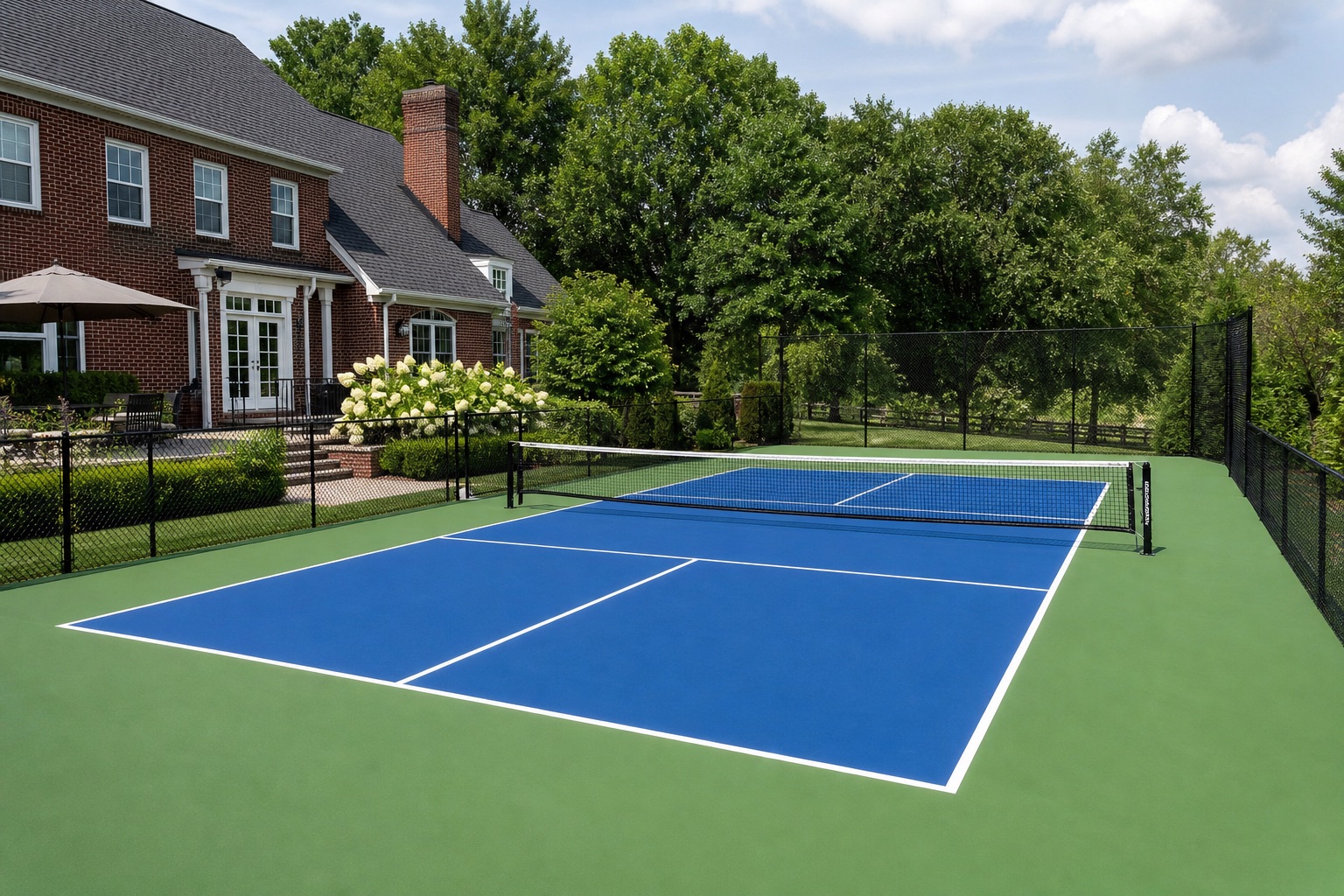 Completed blue and green residential pickleball court beside a brick home in Lexington