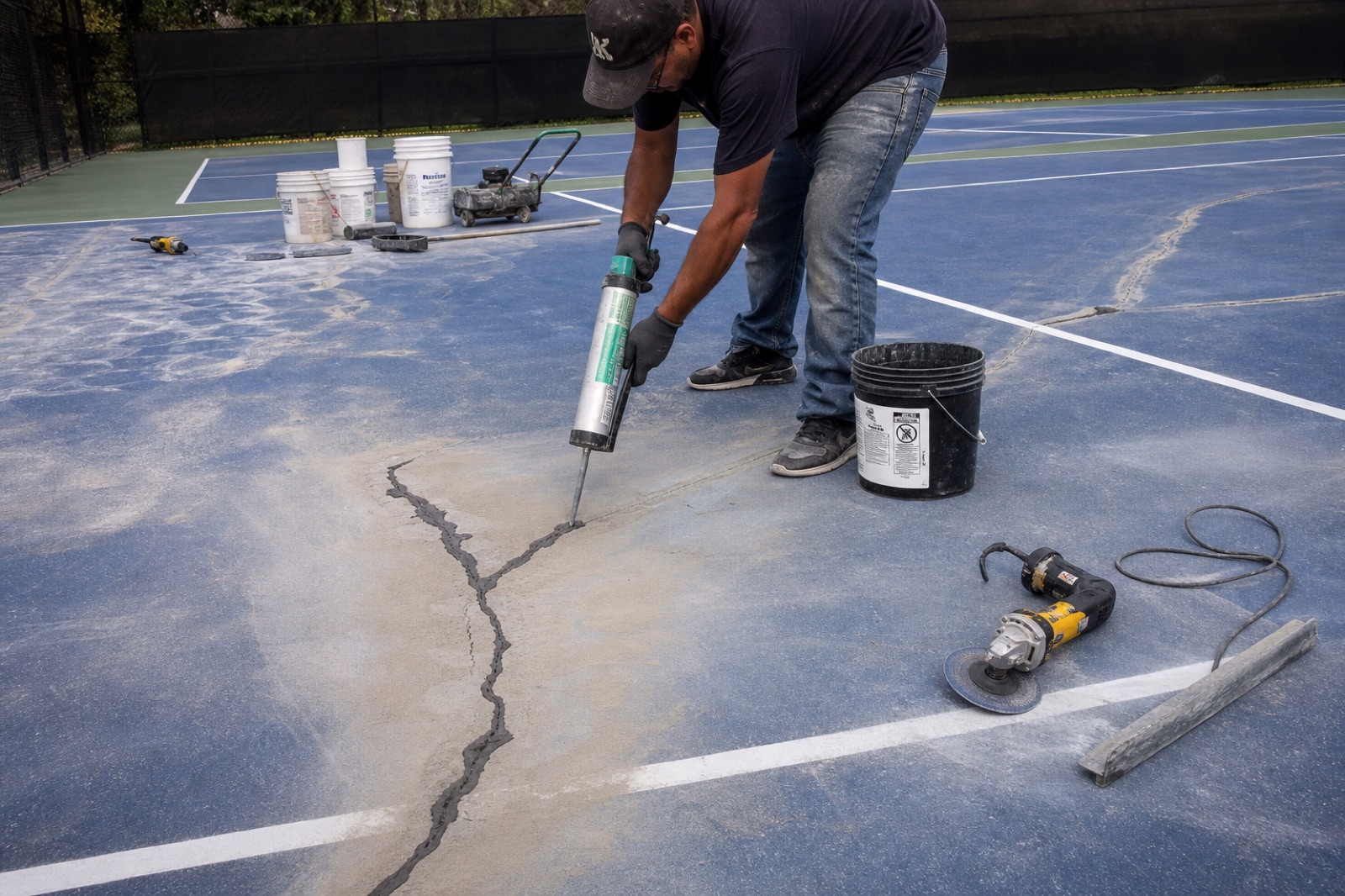 Court surface being prepared before a new acrylic system is applied